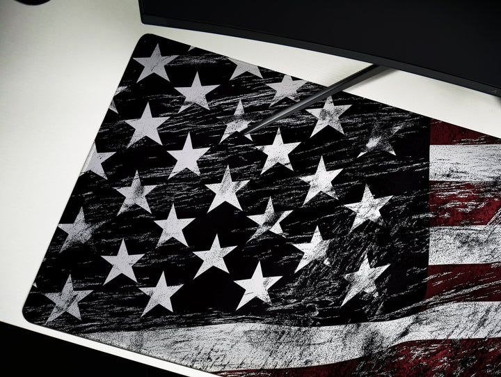 a black and white picture of an american flag