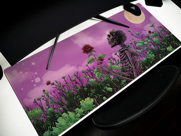 Moonlit Decay, Desk Pad, Mouse Pad, Desk Mat, Skeleton in Bloom, Gothic Art, Surreal Garden, Unique Office Decor