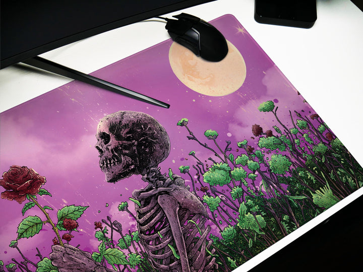 Moonlit Decay, Desk Pad, Mouse Pad, Desk Mat, Skeleton in Bloom, Gothic Art, Surreal Garden, Unique Office Decor