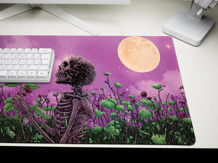 Moonlit Decay, Desk Pad, Mouse Pad, Desk Mat, Skeleton in Bloom, Gothic Art, Surreal Garden, Unique Office Decor