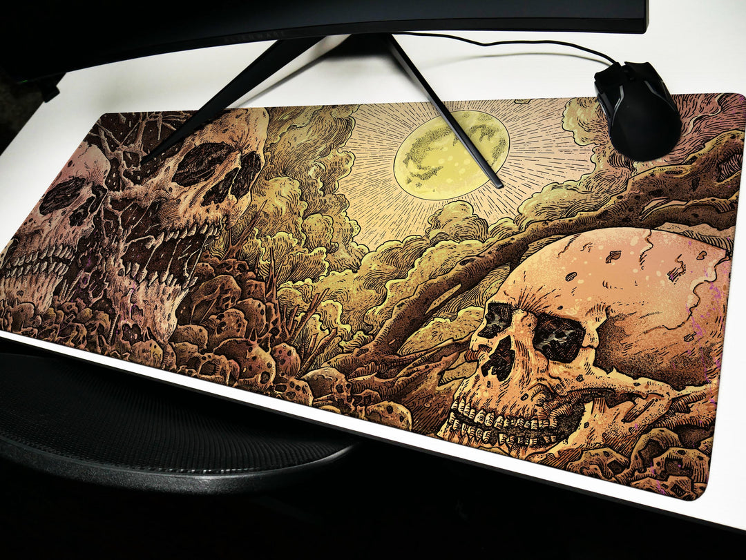 a mouse pad with a painting of a skull on it