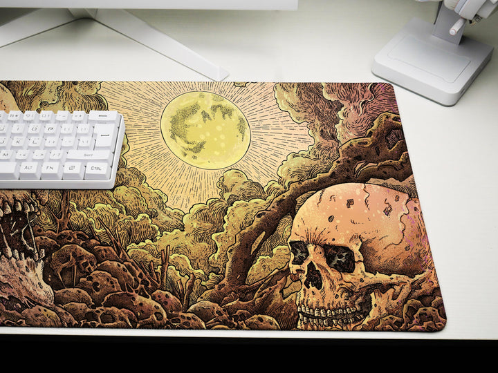 a computer mouse pad with a picture of a skull on it