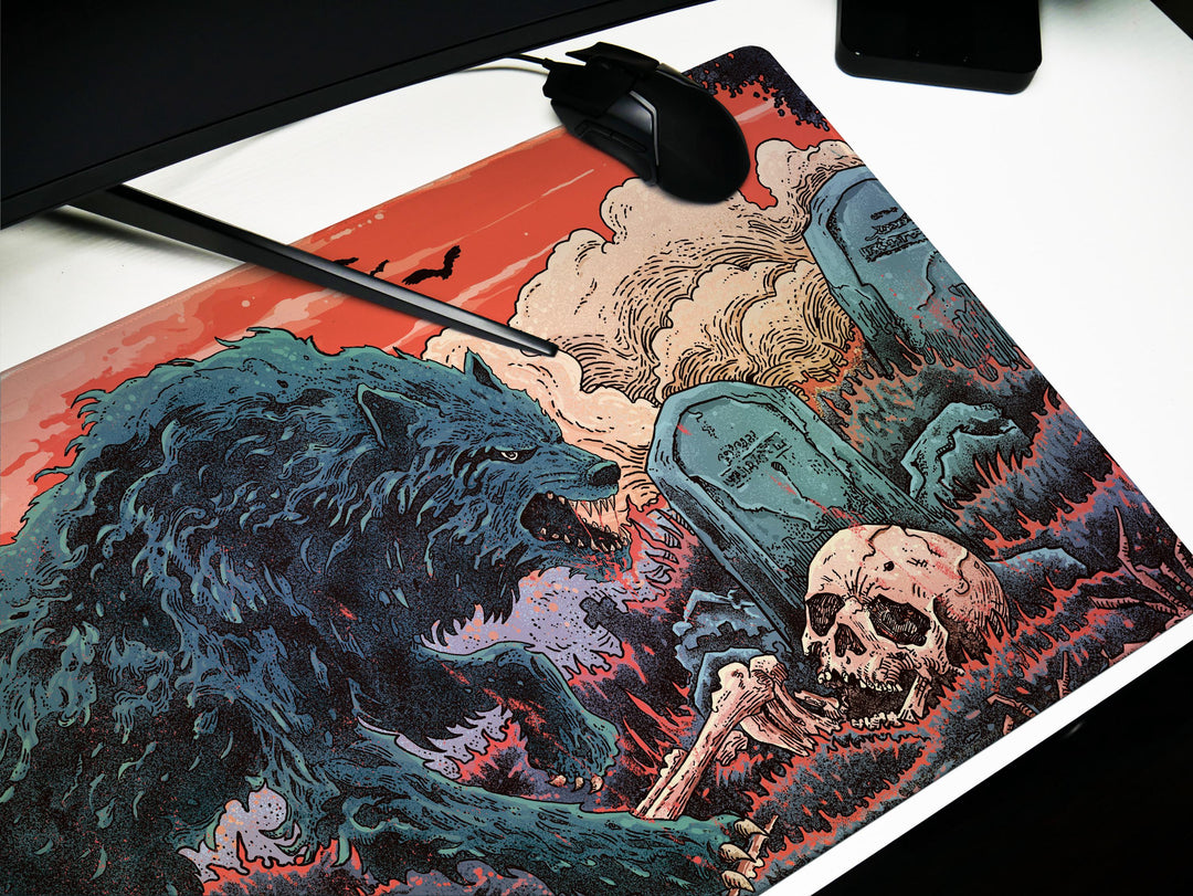 a mouse pad with a picture of a bear and a demon on it