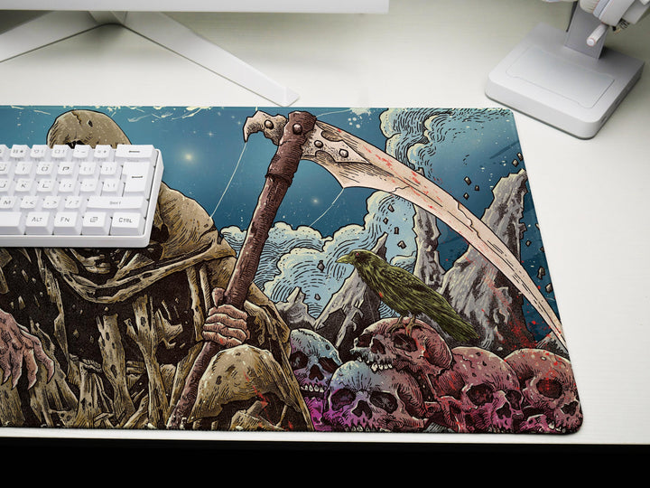 a computer mouse pad with a painting of a skeleton holding a sword