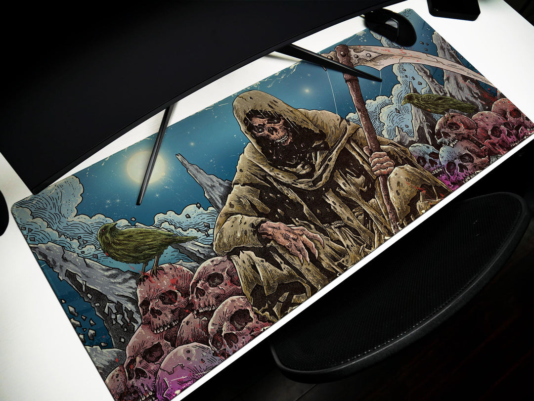 Grim Reaper's Dread, Desk Pad, Mouse Pad, Desk Mat, Gothic Art, Haunting Design, Mystical Skull Landscape