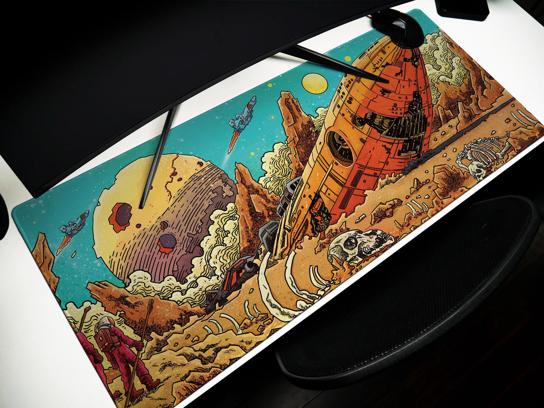 Crimson Wreckage, Desk Pad, Mouse Pad, Desk Mat, Retro Sci-Fi Crash Site, Alien Bones, Space Mission Art, Planetary Exploration Scene