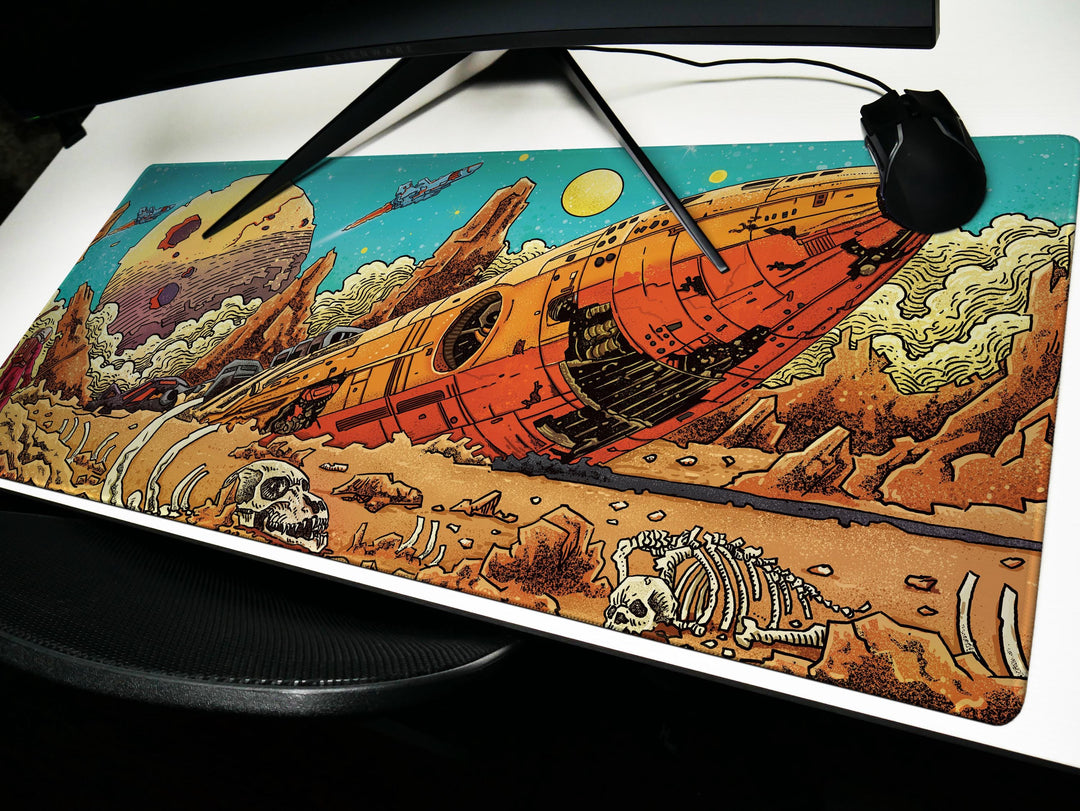 Crimson Wreckage, Desk Pad, Mouse Pad, Desk Mat, Retro Sci-Fi Crash Site, Alien Bones, Space Mission Art, Planetary Exploration Scene