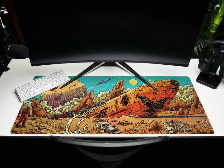 Crimson Wreckage, Desk Pad, Mouse Pad, Desk Mat, Retro Sci-Fi Crash Site, Alien Bones, Space Mission Art, Planetary Exploration Scene