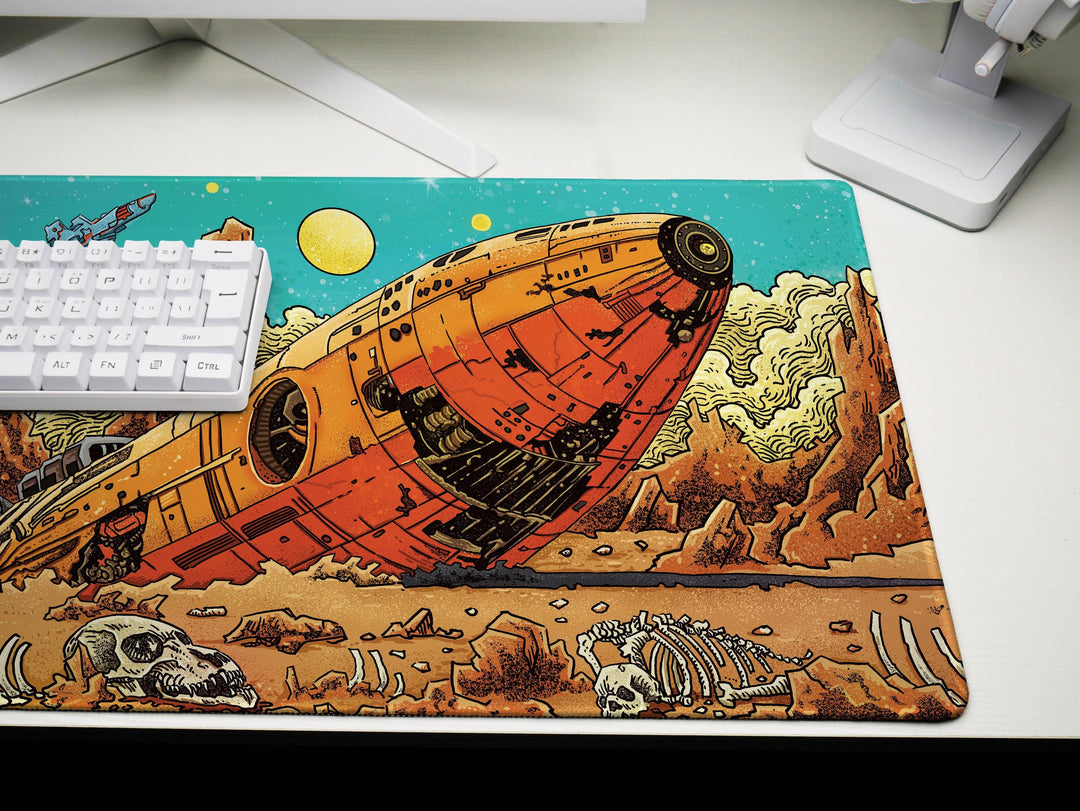 Crimson Wreckage, Desk Pad, Mouse Pad, Desk Mat, Retro Sci-Fi Crash Site, Alien Bones, Space Mission Art, Planetary Exploration Scene