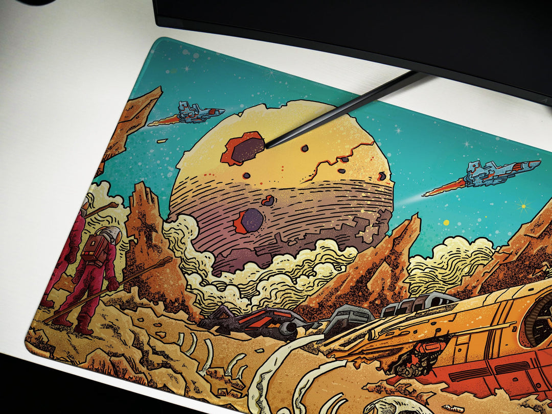 Crimson Wreckage, Desk Pad, Mouse Pad, Desk Mat, Retro Sci-Fi Crash Site, Alien Bones, Space Mission Art, Planetary Exploration Scene