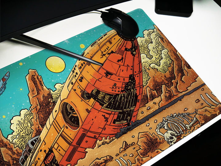 Crimson Wreckage, Desk Pad, Mouse Pad, Desk Mat, Retro Sci-Fi Crash Site, Alien Bones, Space Mission Art, Planetary Exploration Scene