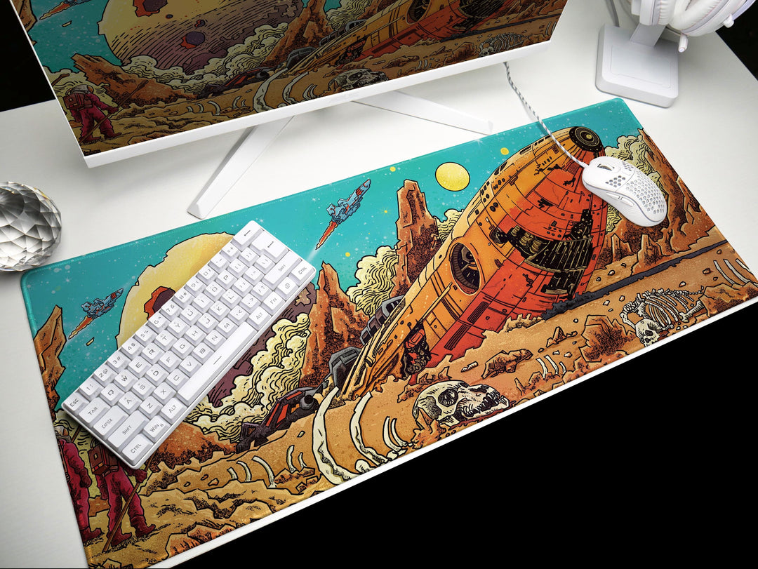 Crimson Wreckage, Desk Pad, Mouse Pad, Desk Mat, Retro Sci-Fi Crash Site, Alien Bones, Space Mission Art, Planetary Exploration Scene