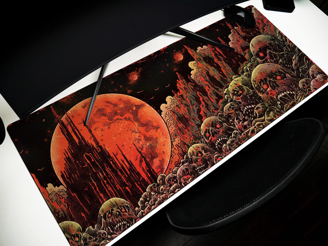 Blood Moons of Oblivion, Desk Pad, Mouse Pad, Desk Mat, Blood Moon Horror, Crimson Planet, Dystopian Wasteland, Infernal Skulls