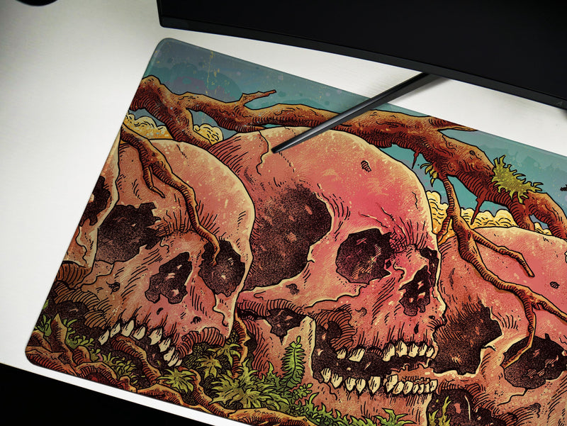 Skulls of the Withered Grove, Desk Pad, Mouse Pad, Desk Mat, Bone Forest Horror, Surreal Nature, Full Moon Haunt