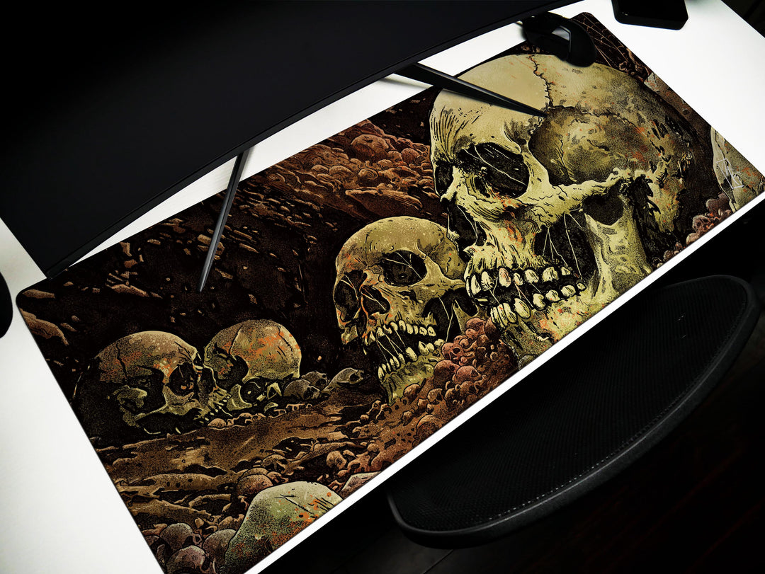 Grave Echoes, Desk Pad, Mouse Pad, Desk Mat, Decaying Skulls Art, Dark Horror Vibe, Graphic Bonescape, Gothic Dungeon Decor