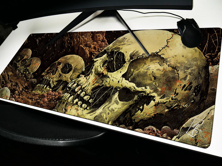 Grave Echoes, Desk Pad, Mouse Pad, Desk Mat, Decaying Skulls Art, Dark Horror Vibe, Graphic Bonescape, Gothic Dungeon Decor