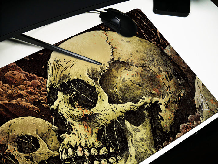 Grave Echoes, Desk Pad, Mouse Pad, Desk Mat, Decaying Skulls Art, Dark Horror Vibe, Graphic Bonescape, Gothic Dungeon Decor