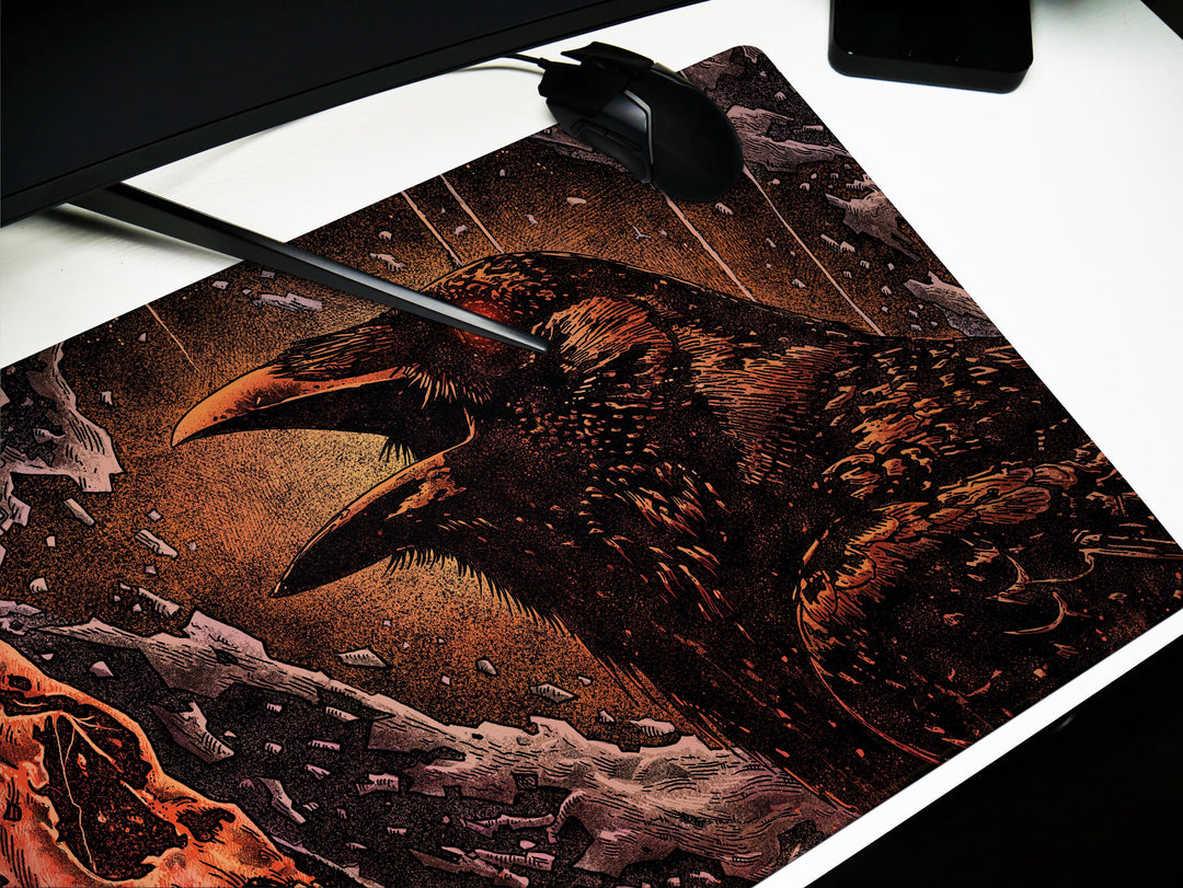 Crimson Omen, Desk Pad, Mouse Pad, Desk Mat, Raven and Skull Art, Dark Gothic Aesthetic, Horror Fantasy, Red-Eyed Crow Scene