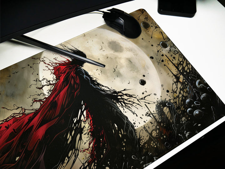 Eclipsed by Shadows, Desk Pad, Mouse Pad, Desk Mat, Blood-Red Cape, Full Moon Horror, Gothic Hero Silhouette, Dark Art Print