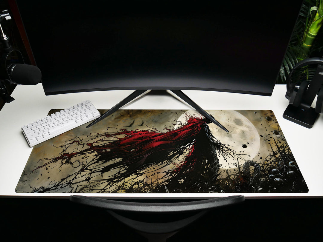 Eclipsed by Shadows, Desk Pad, Mouse Pad, Desk Mat, Blood-Red Cape, Full Moon Horror, Gothic Hero Silhouette, Dark Art Print