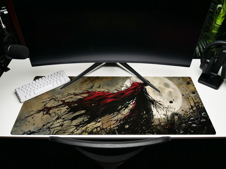 Eclipsed by Shadows, Desk Pad, Mouse Pad, Desk Mat, Blood-Red Cape, Full Moon Horror, Gothic Hero Silhouette, Dark Art Print