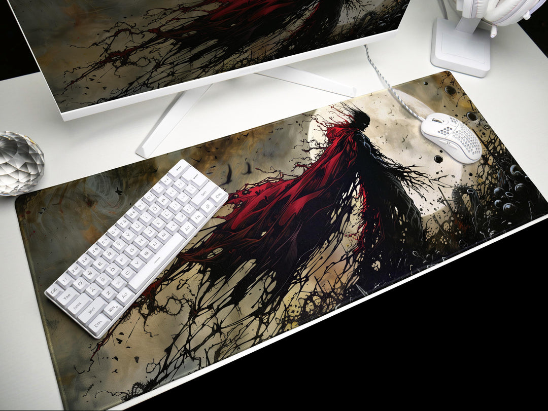 Eclipsed by Shadows, Desk Pad, Mouse Pad, Desk Mat, Blood-Red Cape, Full Moon Horror, Gothic Hero Silhouette, Dark Art Print