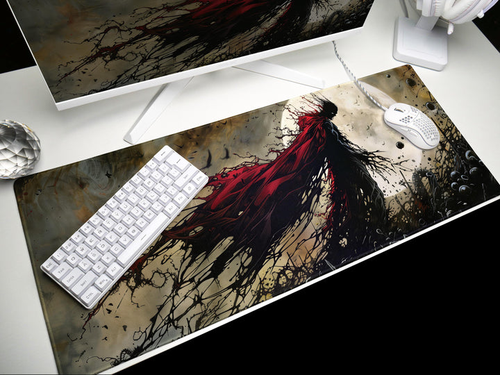Eclipsed by Shadows, Desk Pad, Mouse Pad, Desk Mat, Blood-Red Cape, Full Moon Horror, Gothic Hero Silhouette, Dark Art Print