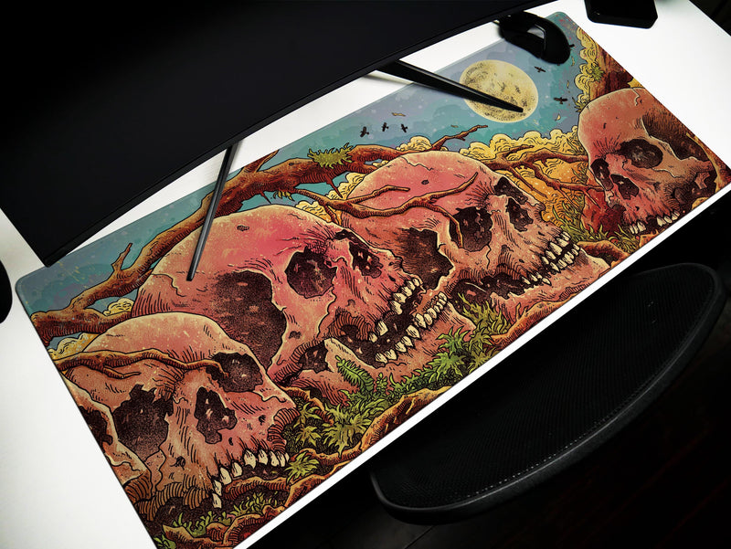 Skulls of the Withered Grove, Desk Pad, Mouse Pad, Desk Mat, Bone Forest Horror, Surreal Nature, Full Moon Haunt