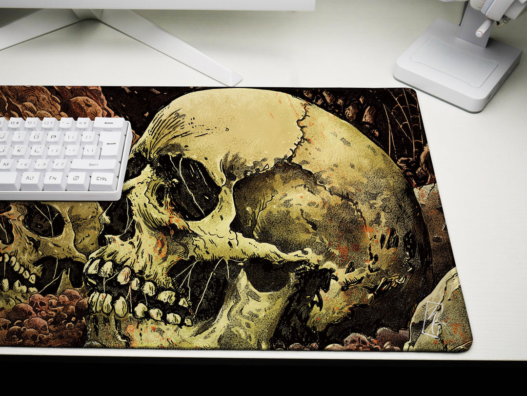 Grave Echoes, Desk Pad, Mouse Pad, Desk Mat, Decaying Skulls Art, Dark Horror Vibe, Graphic Bonescape, Gothic Dungeon Decor