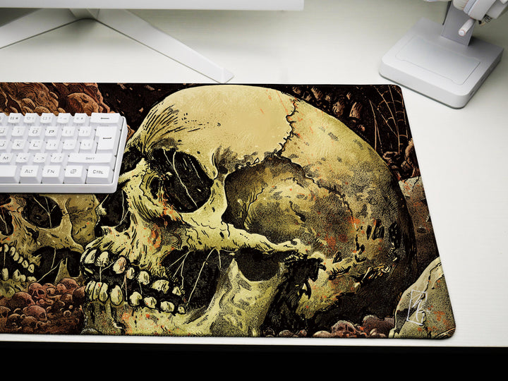 Grave Echoes, Desk Pad, Mouse Pad, Desk Mat, Decaying Skulls Art, Dark Horror Vibe, Graphic Bonescape, Gothic Dungeon Decor