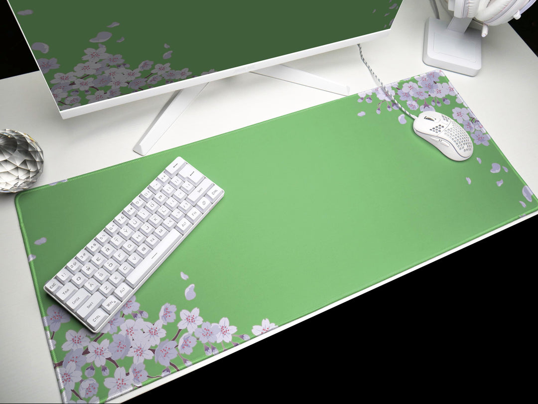 Pastel Green Blossoms, Desk Pad, Mouse Pad, Desk Mat, Sakura Petals, Soft Floral Art, Minimalist Workspace, Spring Pastel Design