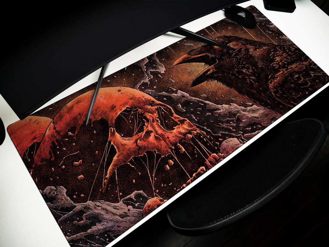 Crimson Omen, Desk Pad, Mouse Pad, Desk Mat, Raven and Skull Art, Dark Gothic Aesthetic, Horror Fantasy, Red-Eyed Crow Scene