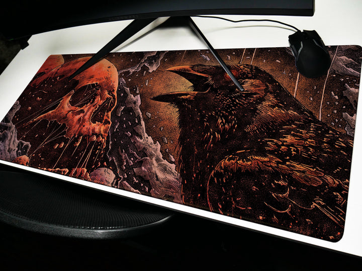 Crimson Omen, Desk Pad, Mouse Pad, Desk Mat, Raven and Skull Art, Dark Gothic Aesthetic, Horror Fantasy, Red-Eyed Crow Scene