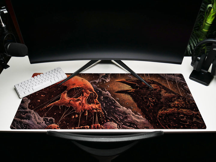 Crimson Omen, Desk Pad, Mouse Pad, Desk Mat, Raven and Skull Art, Dark Gothic Aesthetic, Horror Fantasy, Red-Eyed Crow Scene