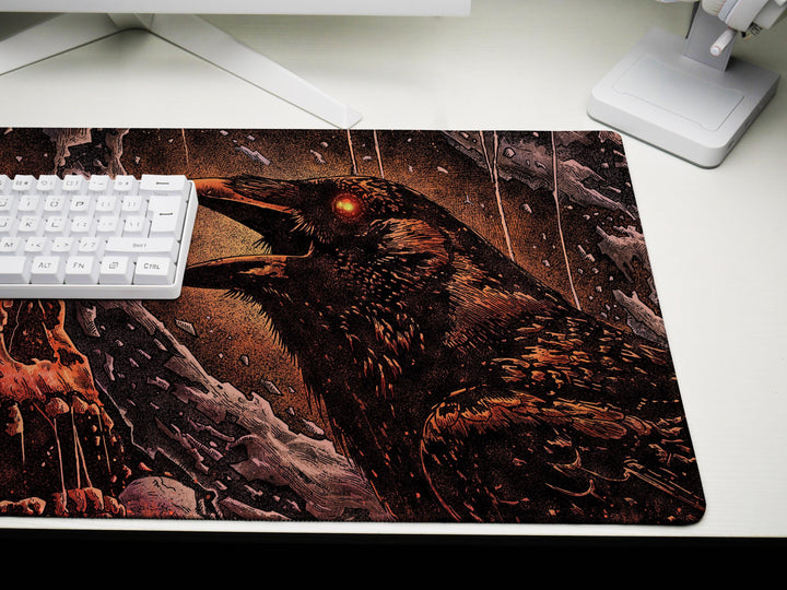 Crimson Omen, Desk Pad, Mouse Pad, Desk Mat, Raven and Skull Art, Dark Gothic Aesthetic, Horror Fantasy, Red-Eyed Crow Scene