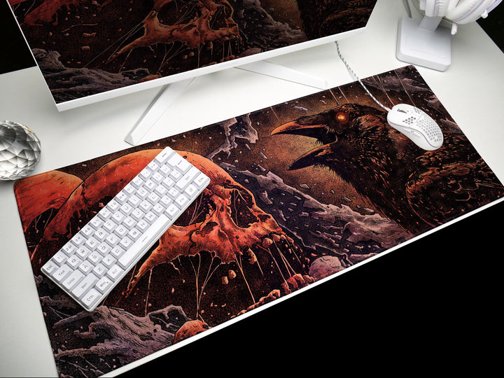 Crimson Omen, Desk Pad, Mouse Pad, Desk Mat, Raven and Skull Art, Dark Gothic Aesthetic, Horror Fantasy, Red-Eyed Crow Scene