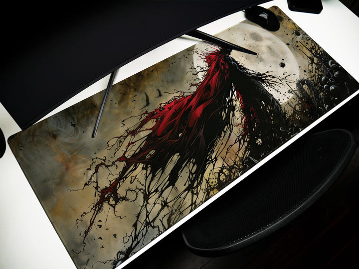Eclipsed by Shadows, Desk Pad, Mouse Pad, Desk Mat, Blood-Red Cape, Full Moon Horror, Gothic Hero Silhouette, Dark Art Print