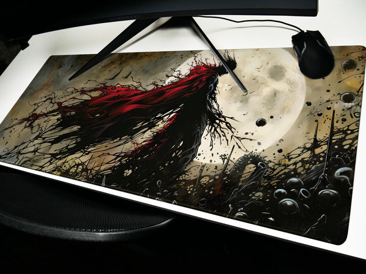 Eclipsed by Shadows, Desk Pad, Mouse Pad, Desk Mat, Blood-Red Cape, Full Moon Horror, Gothic Hero Silhouette, Dark Art Print