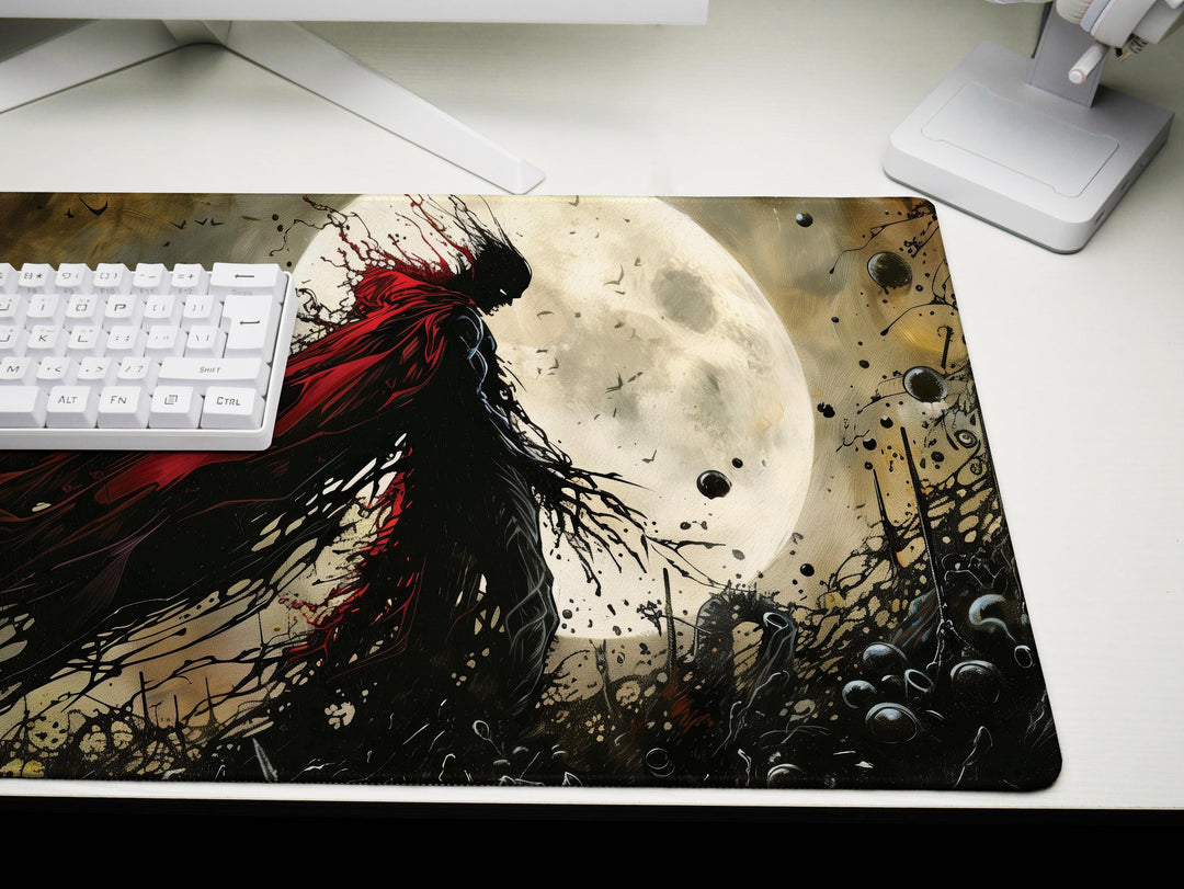 Eclipsed by Shadows, Desk Pad, Mouse Pad, Desk Mat, Blood-Red Cape, Full Moon Horror, Gothic Hero Silhouette, Dark Art Print