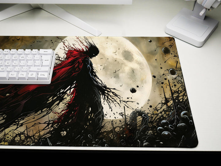 Eclipsed by Shadows, Desk Pad, Mouse Pad, Desk Mat, Blood-Red Cape, Full Moon Horror, Gothic Hero Silhouette, Dark Art Print