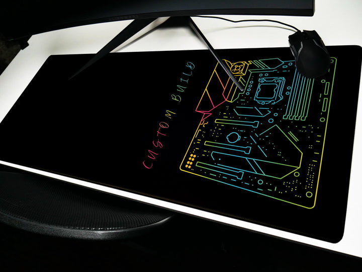 Custom Build Motherboard, Desk Pad, Mouse Pad, Desk Mat, Neon Circuit Art, Tech Illustration, RGB Style, Gamer PC Theme