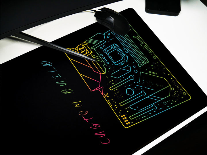 Custom Build Motherboard, Desk Pad, Mouse Pad, Desk Mat, Neon Circuit Art, Tech Illustration, RGB Style, Gamer PC Theme
