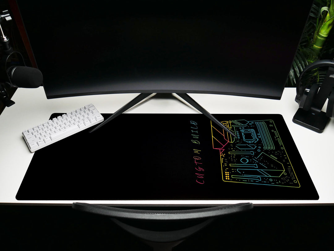 Custom Build Motherboard, Desk Pad, Mouse Pad, Desk Mat, Neon Circuit Art, Tech Illustration, RGB Style, Gamer PC Theme