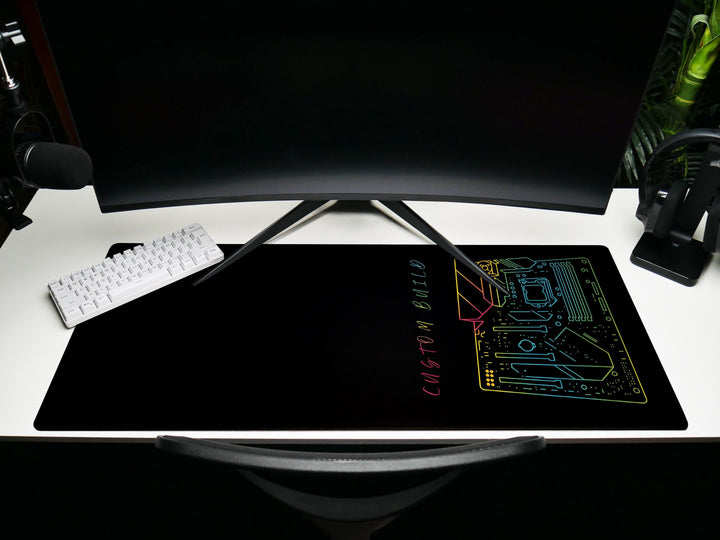 Custom Build Motherboard, Desk Pad, Mouse Pad, Desk Mat, Neon Circuit Art, Tech Illustration, RGB Style, Gamer PC Theme