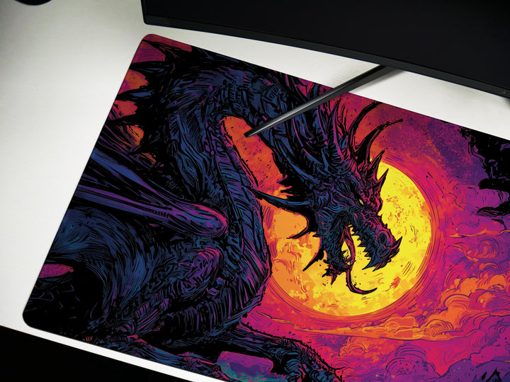 Infernal Roar, Desk Pad, Mouse Pad, Desk Mat, Apocalyptic Dragon, Neon Moon, Dark Castle, Fantasy Battle Scene