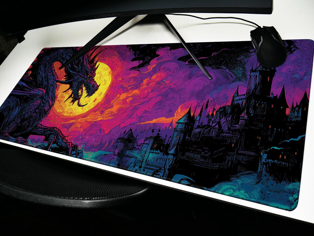 Infernal Roar, Desk Pad, Mouse Pad, Desk Mat, Apocalyptic Dragon, Neon Moon, Dark Castle, Fantasy Battle Scene