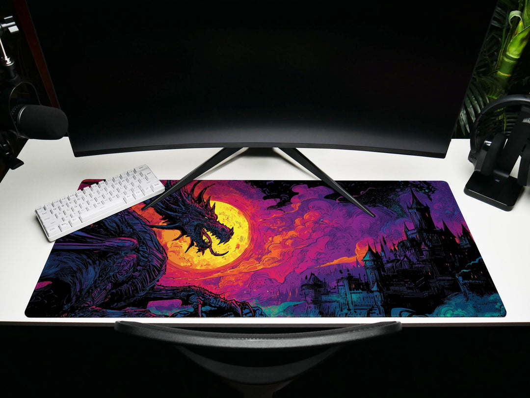 Infernal Roar, Desk Pad, Mouse Pad, Desk Mat, Apocalyptic Dragon, Neon Moon, Dark Castle, Fantasy Battle Scene