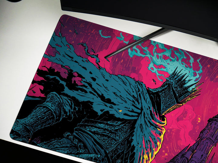 Crowned Inferno, Desk Pad, Mouse Pad, Desk Mat, Burning Sky, Armored Sentinel, Apocalyptic Fantasy, Towering Spires