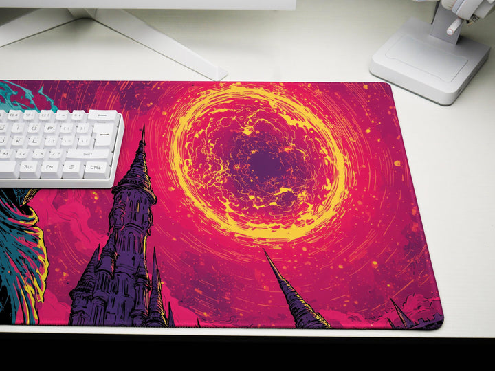 Crowned Inferno, Desk Pad, Mouse Pad, Desk Mat, Burning Sky, Armored Sentinel, Apocalyptic Fantasy, Towering Spires
