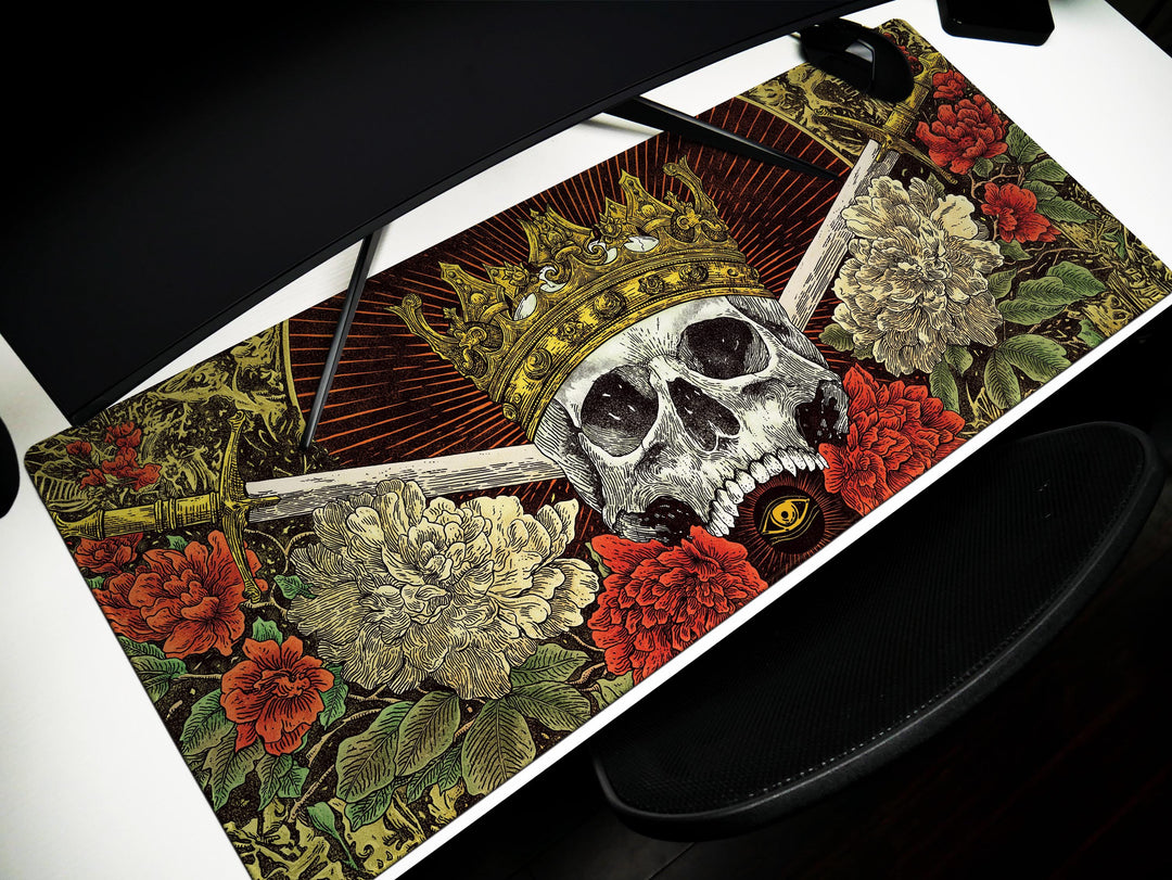 Crowned Skull Vigil, Desk Pad, Mouse Pad, Desk Mat, Gothic Royalty, Floral Daggers, Baroque Death Art